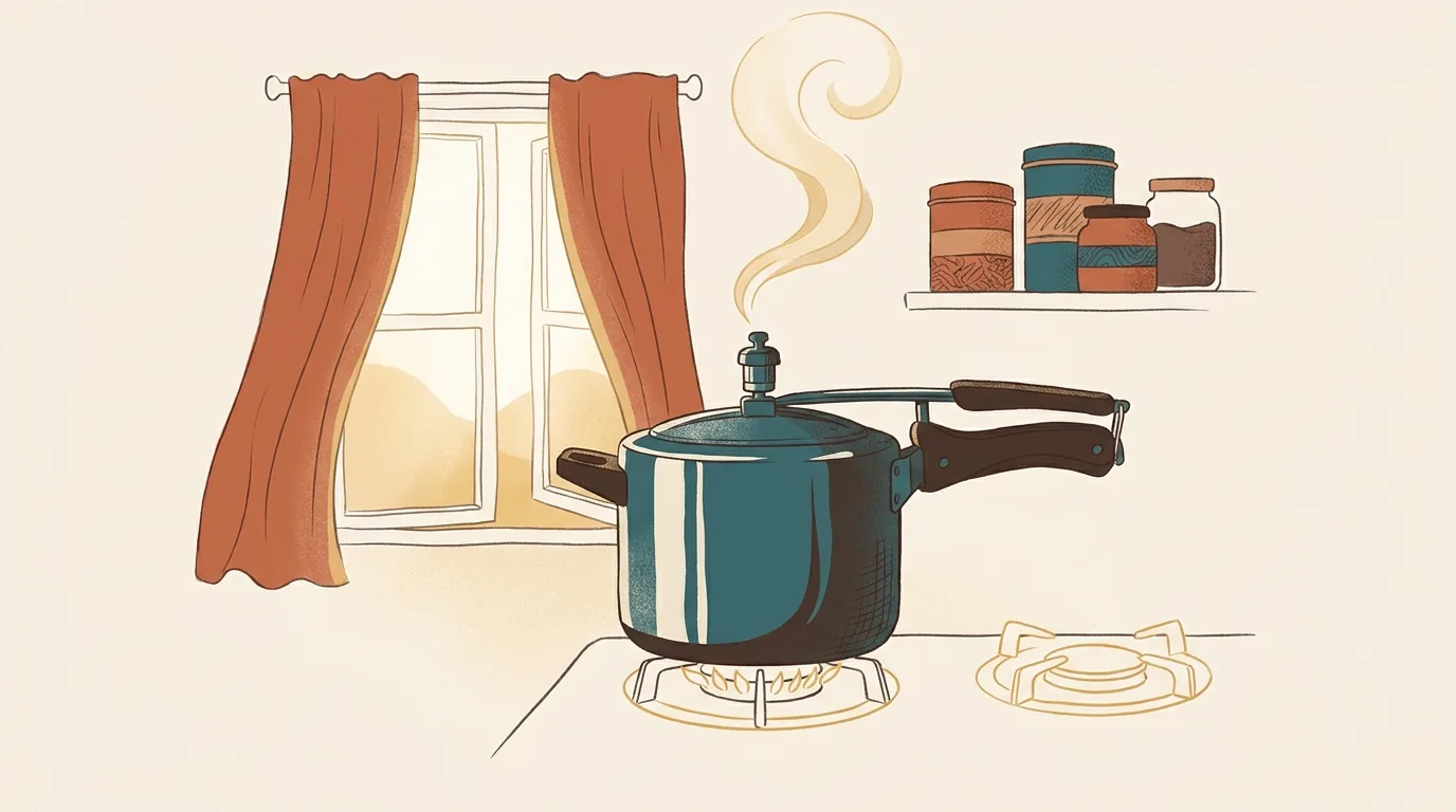 A steel pressure cooker on a gas stove, with steam rising from the whistle.