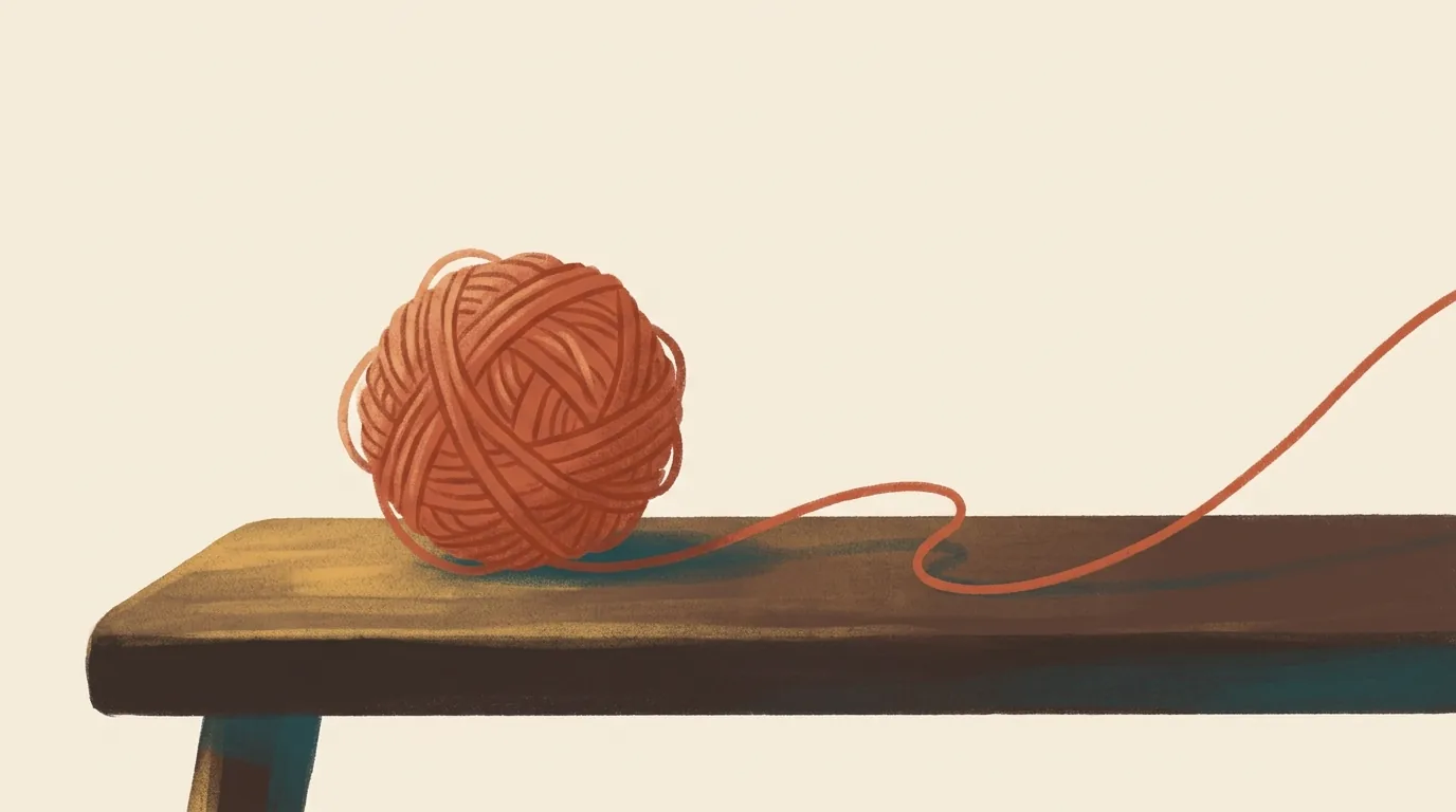 A ball of terracotta wool on a wooden bench, with one loose end pulled free and trailing away.