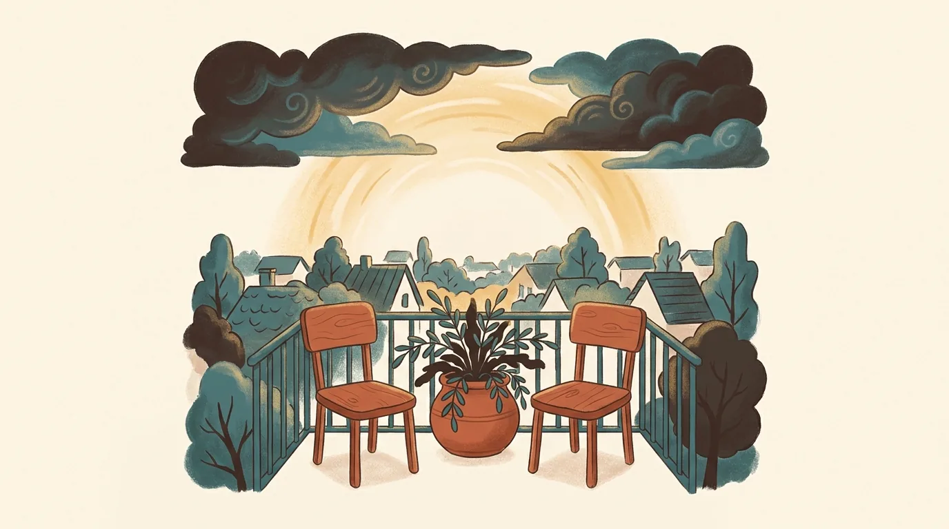 Two chairs side by side on a balcony, facing an evening sky with rain clouds clearing.