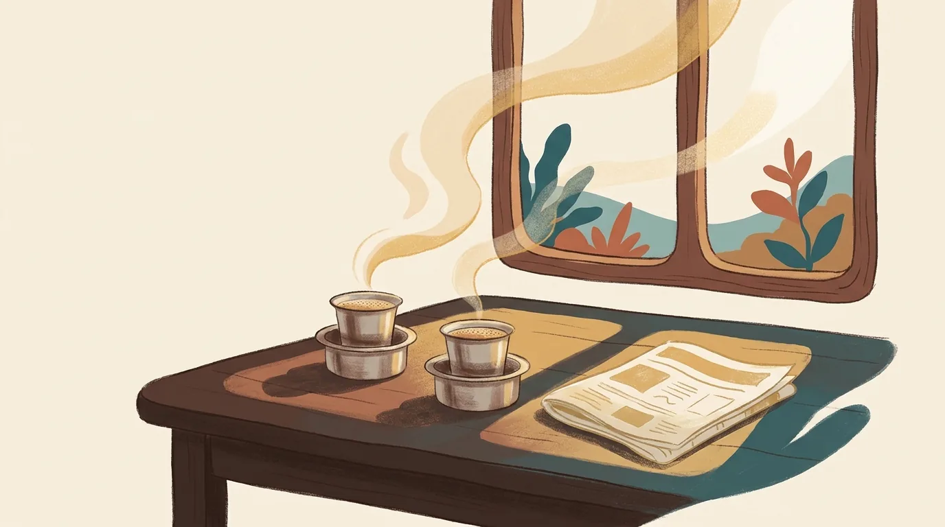 A kitchen table with two steel tumblers of filter coffee and a folded newspaper in morning light.