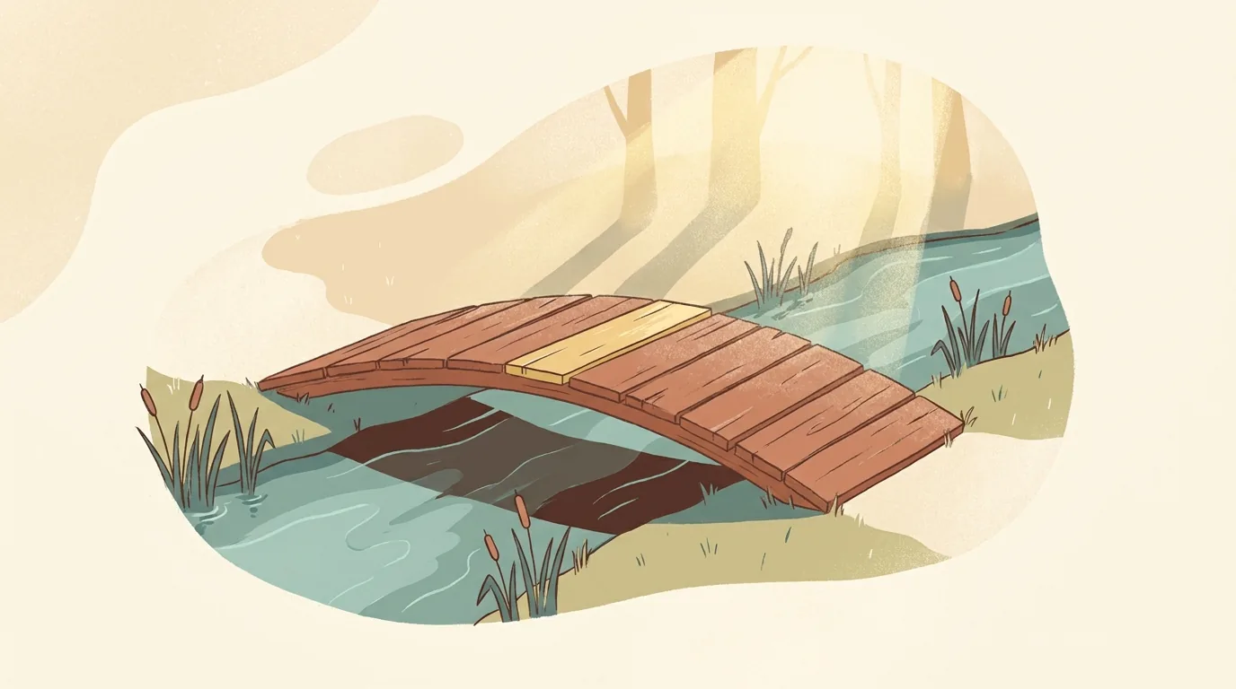 A wooden footbridge over a stream, with one plank newly replaced and paler than the others.