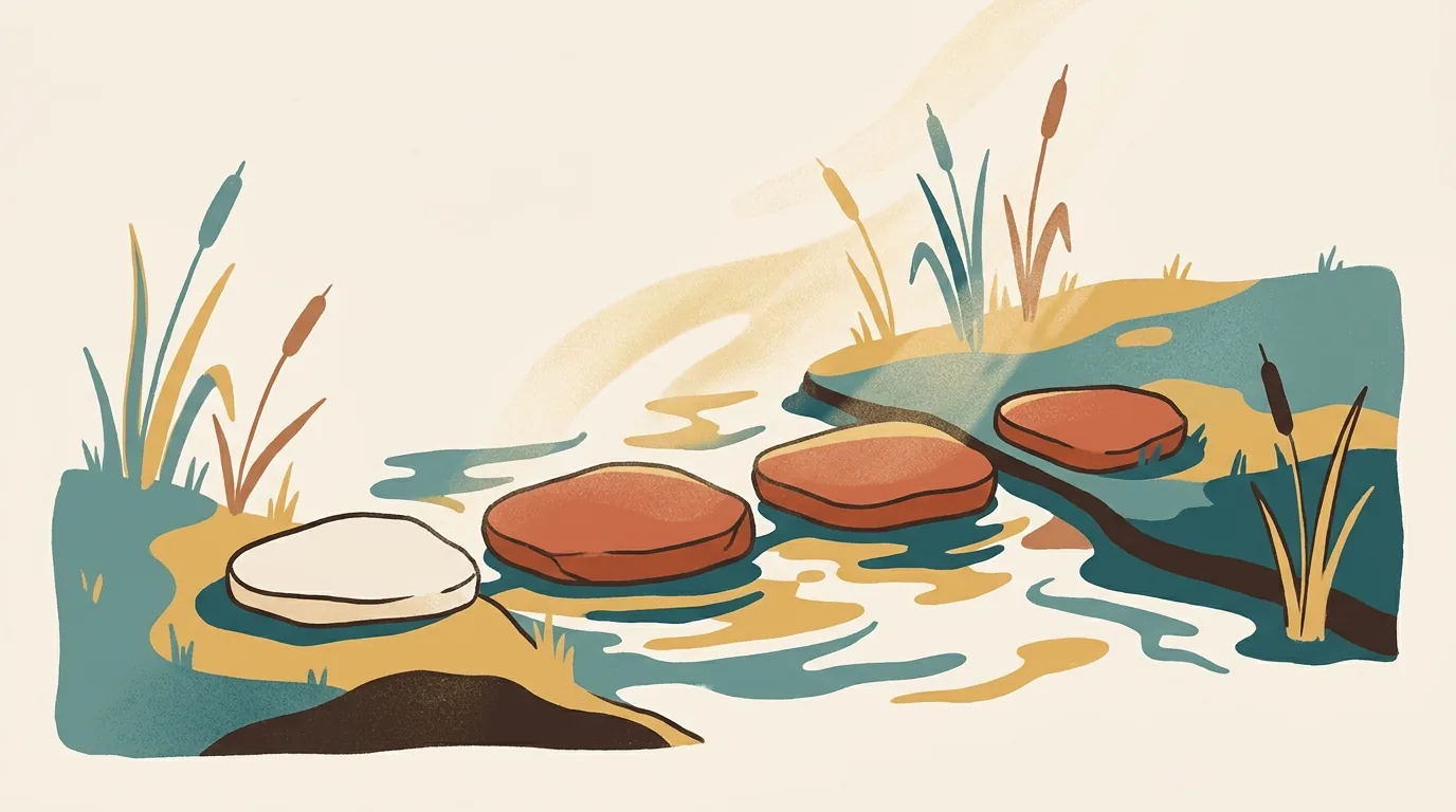 Four flat stepping stones across a shallow stream, the first one paler than the rest.