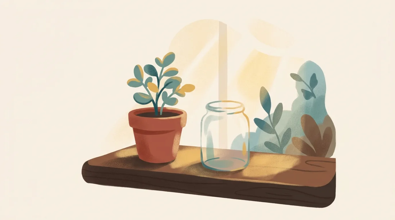 A small plant in a clay pot on a windowsill beside an empty glass jar.