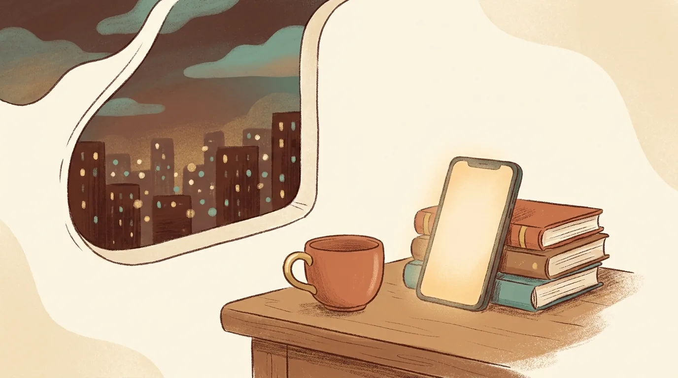 A phone propped against a stack of books on a desk, beside a window showing the city at dusk.