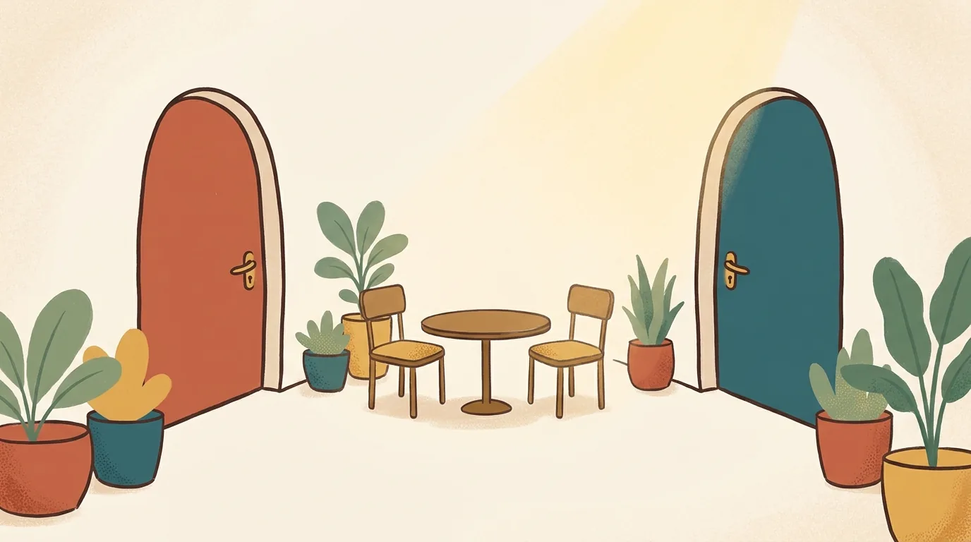 Two arched doorways, one terracotta and one teal, facing each other across a courtyard with two chairs and a small round table between them.