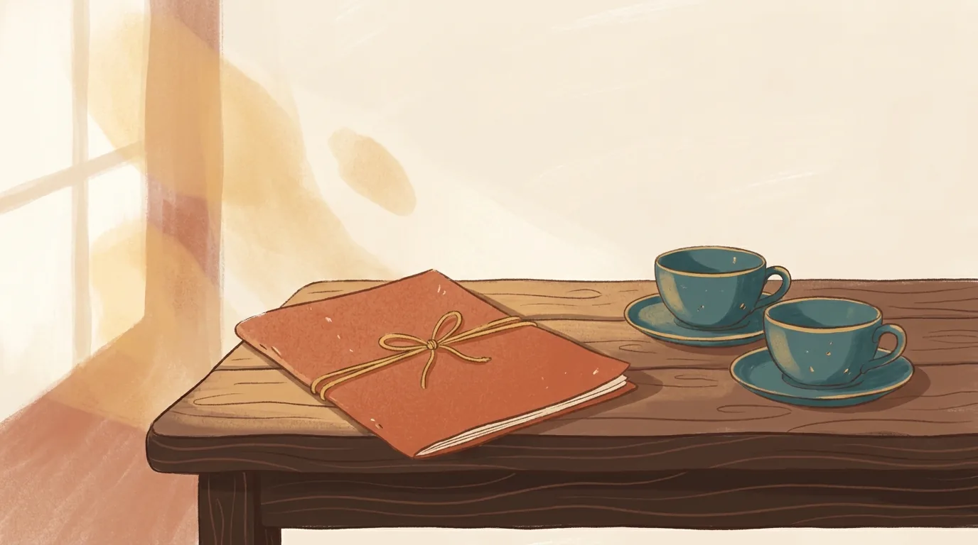 A folder of papers tied with string on a wooden table, beside two empty teacups.