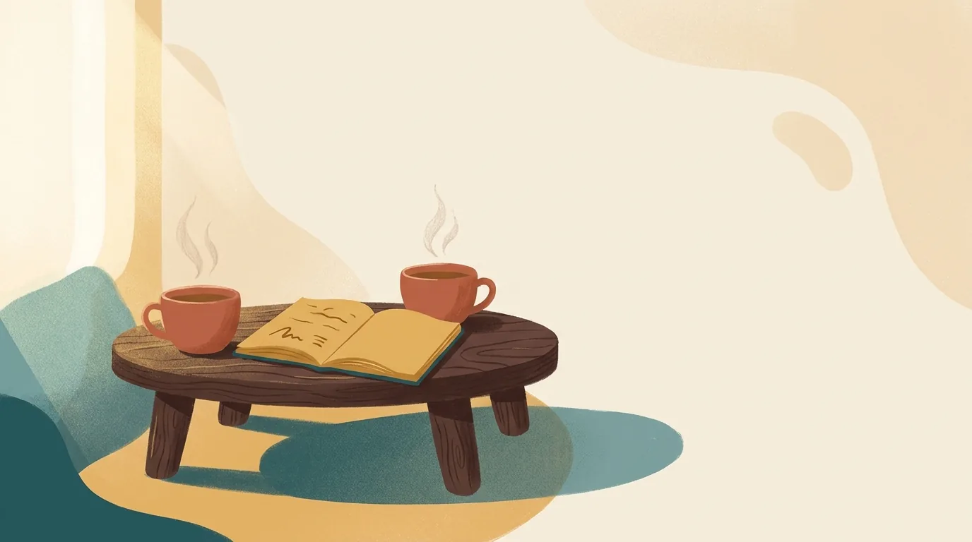 Two cups of tea on a small wooden table, with an open notebook between them.