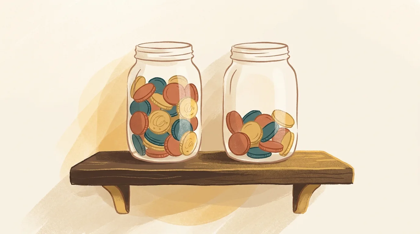 Two jars of coins side by side on a shelf, filled to different levels.