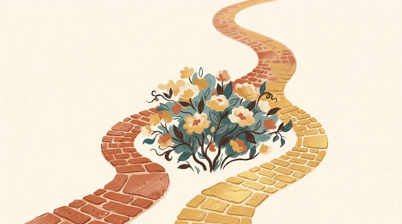 Two garden paths that curve apart and meet again further on.